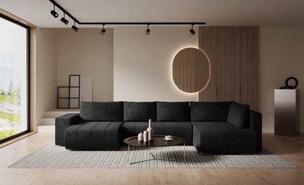 Wohnlandschaft Schlafsofa ARMANDA in Stoff Blur Schwarz langer Schenkel Rechts