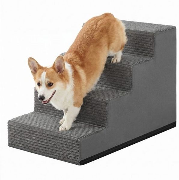 FEANDREA Hundetreppe für Kleine Hunde, 4 Stufen Waschbare Katzentreppe aus Schaumstoff für Sofa, 62 x 40 x 44 cm, Grau