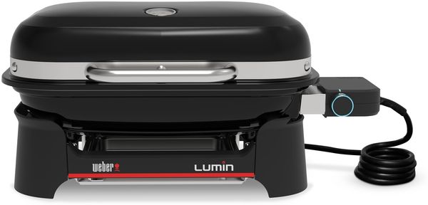 Weber Lumin Compact Tragbarer Kompakter Elektrogrill, Bis zu 315 °C, mit Deckelthermometer, Porzellanemaillierte Gusseisenroste, 43x32 cm Grillfläche, Schwarz (1502044)
