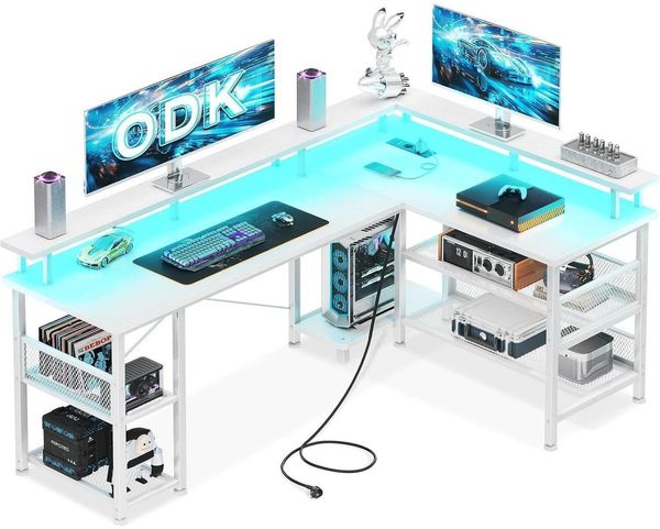 Gaming Schreibtisch LED 2 Steckdosen 2 USB Eckschreibtisch Weiß 150x102cm