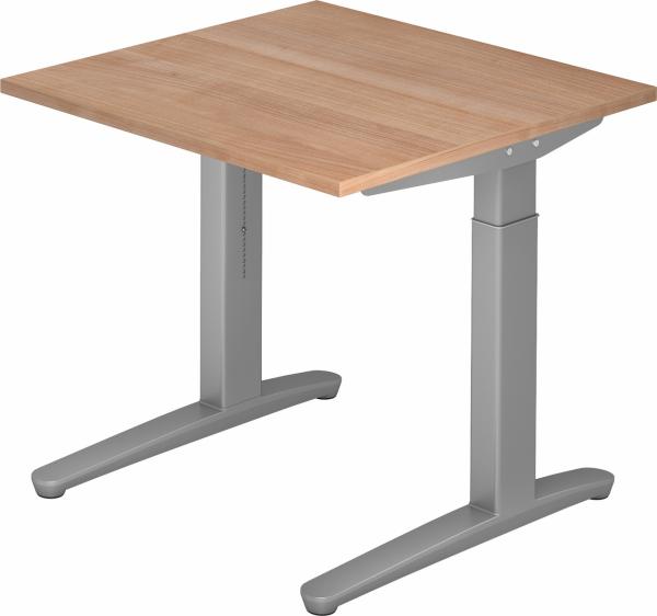 bümö manuell höhenverstellbarer Schreibtisch 80x80 in Nussbaum, Gestell in silber - PC Tisch höhenverstellbar & klein, höhenverstellbarer Tisch Büro, kleiner Computertisch verstellbar, X08-N-SS