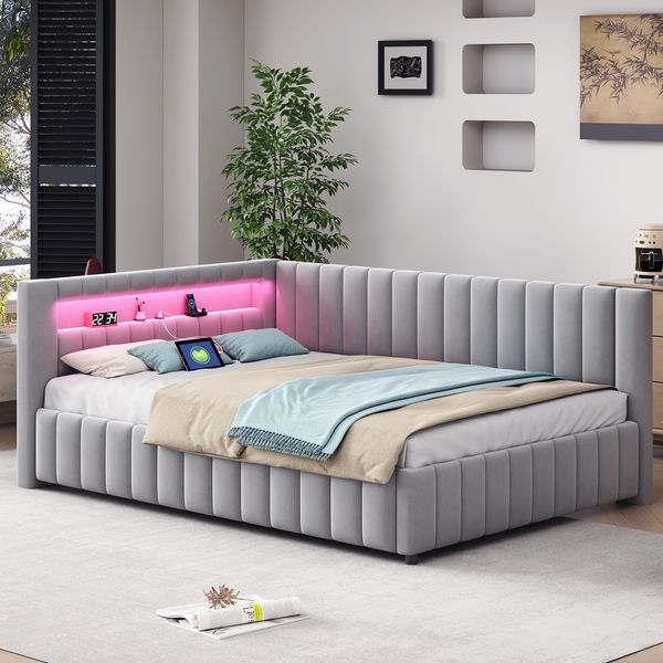 Polsterbett 140x200 cm ohne Matratze, mit LED und USB-Anschluss, Samtbezug in Grau, L-Form