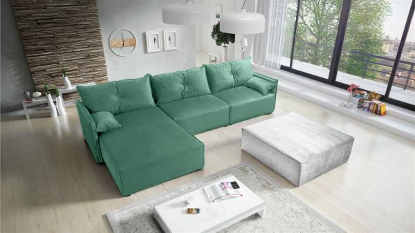 Ecksofa mit Schlaffunktion HUNTER in Stoff Royal Mintgrün Ottomane Links