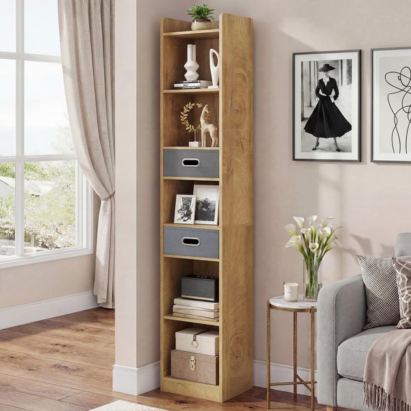 YITAHOME Hohes, schmales Bücherregal, schlankes Eckregal mit 5 Ebenen und 2 Stoffschubladen, freistehendes Regal für Wohnzimmer, Schlafzimmer, Büro, Eichenfarbe, 30 B × 24 T × 180 H cm