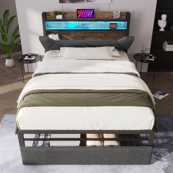 Flieks Polsterbett, LED Einzelbett mit Ladefunktion, Stauraumkopfteil, Schublade 90x200cm