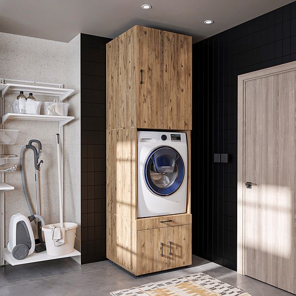 Roomart Waschmaschinenschrank mit 95 cm Schrankaufsatz – HBT 240×67×66,8 cm – mit Ausziehbrett – Waschküche & Hauswirtschaftsraum • Eiche