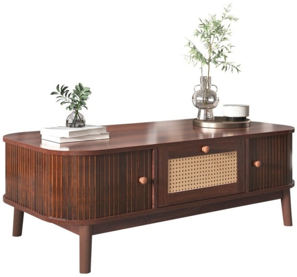 OKWISH Couchtisch Rattan-Couchtisch aus Massivholz mit Stauraum (chubladen mit Rattan und Schiebetüren mit Massivholzlatten, TV-Ständer mit Rattanseiten), Massivholzbeine, Natürlicher Landhausstil.