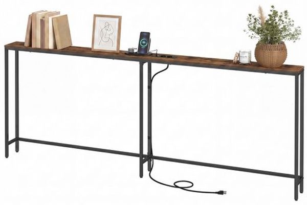 VASAGLE Sofatisch, Konsolentisch, Flurtisch, schmal, 15 x 200 x 80 cm, mit Ladestation, für Flur, Wohnzimmer, braun-schwarz
