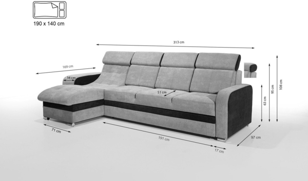robin 'Bristol' Ecksofa mit Schlaffunktion und verstellbare Kopfstützen, Strukturstoff beige / braun, 169 x 315 x 95 cm Bild 4