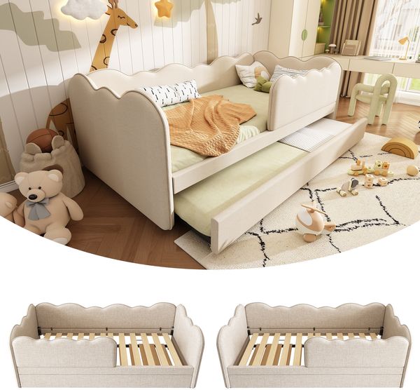 Merax Polsterbett Daybett 90x190cm, Kinderbett mit Lattenrost, Tagesbett Schlafsofa mit Ausziehbett 90x190cm, Samt, ohne Matratze , Beige