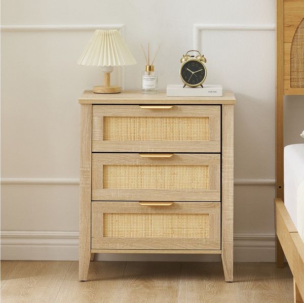 GarveeMore Nachttisch mit 3 Schubladen Rattan Nachtschrank 55x40x63.5cm