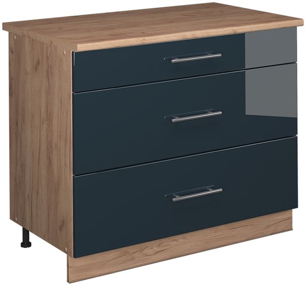 Küchenunterschrank Fame-Line Dunkelblau Hochglanz/Goldkraft Eiche 100 cm, AP Eiche Vicco