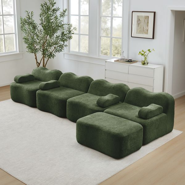 4-Sitzer modulares Ecksofa H 70 x T 384 x B 167 cm aus Samt mit Ottoman, boneless Design und Wellenform