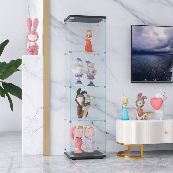 FUROKOY Glasvitrine Standvitrine, Modern Glas Vitrinenschrank (4 Lagen Glasvitrine mit 1 Glastür, Sammlervitrine, für Sammlerstücke Bücher Wein)