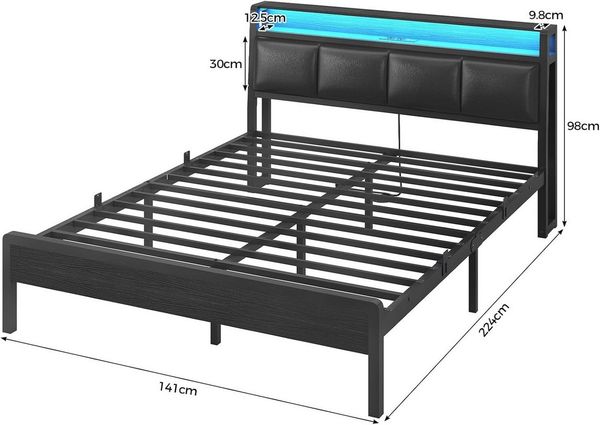 KIMENICH Polsterbett mit RGB-LED-Beleuchtung und Ladestation, Plattformbett Doppelbett (Ohne Matratze), Offenes Kopfteilfach mit Steckdosen, 105° Neigung, 140x200cm