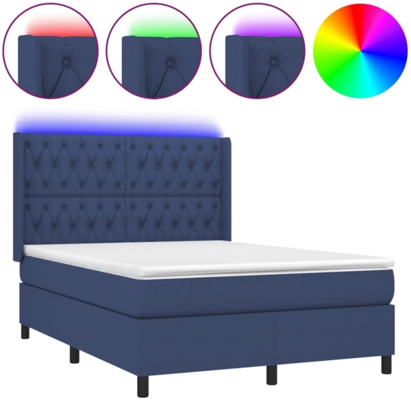 vidaXL Boxspringbett mit Matratze & LED Blau 140x190 cm Stoff, Härtegrad: H2 [3138555]