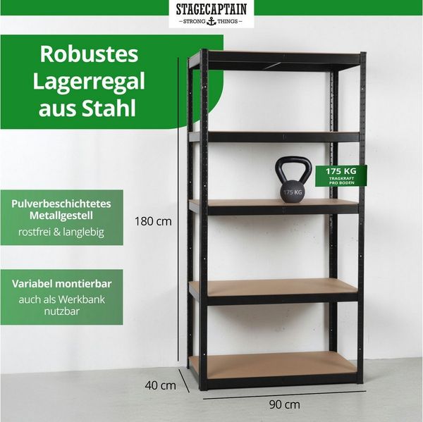 Stagecaptain Schwerlastregal Lagerregal - 5 variabel montierbare Böden - auch als Werkbank umbaubar, 2er Spar-Set 2-tlg, Tragkraft pro Boden: 175 kg, gesamt 875 kg