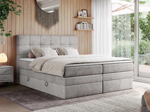 Boxspringbett, Polsterbett, Bett, Schlafzimmer - ERNI-KING - 180x200cm - Hellgrau Velours - H4