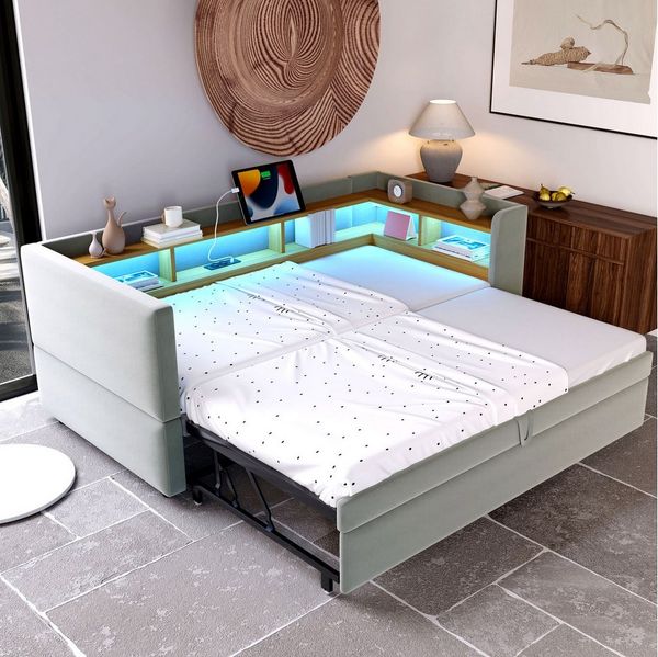 Flieks Daybett, Polsterbett Schlafsofa Ausziehbett 90/180x190cm LED Aufladen Stauraum