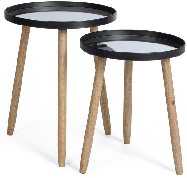 Beistelltisch Edvard 2er-Set mit Glasplatte, rundes Design, Metall und Kautschukholz, schwarz