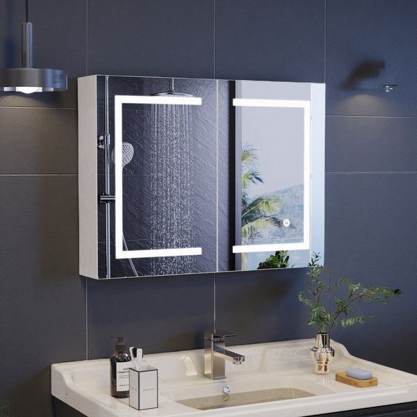 ADWOLT Badezimmerspiegelschrank Spiegelschrank mit LED-Beleuchtung (Set, 1-St, Badezimmerschrank mit Spiegel und 2 Türen) Wandschrank mit Ablage, Touchschalter, 60 x 80 x 13.5 cm, Weiß