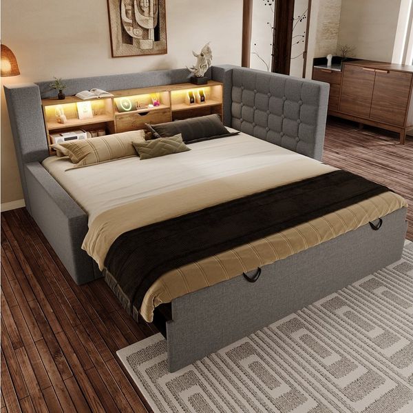 REDOM Polsterbett Flexibles Ausziehbett mit integrierter Ladestation (Packung, 1-tlg, Mit LED, 4 USB-Anschlüssen, Stauraum & zwei Größen (90x190/200 cm), L-förmige Konstruktion für variable Raumaufteilung(ohne Matratze)