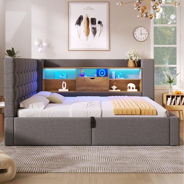 HAUSS SPOLE Stauraumbett 90x200 mit Bettkasten,Tagesbett Daybett mit LED&Stauraum-Kopfteil (Struraumbett, Funktionsbett, 1-tlg, L-förmigem Kopfteil mit Stauraum, beidseitig montierbar), Hydraulisches Bett mit LED-Beleuchtung & USB/Type-C Ladestation