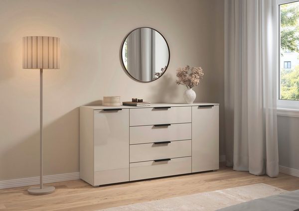 rauch Kombikommode Sideboard Schubkommode Kommode MONTCLAR Front Dekor/Hochglanz/Glas (Breite 160 / Höhe 81 cm, 2 Einlegeböden, inkl. Soft-Close-Funktion), 2-türig, 4 geräumige Schubladen, viele Griffvarianten MADE IN GERMANY