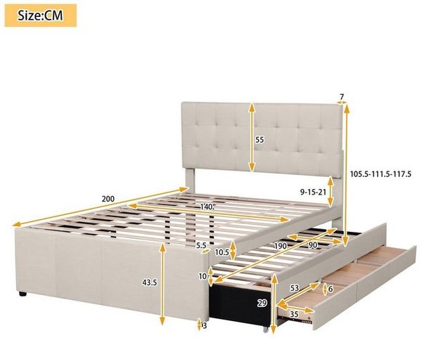 Odikalo Stauraumbett Polsterbett, Doppelbett, 3 Schubladen, Kopfteil, Beige/Grau, 140x200 Bild 4