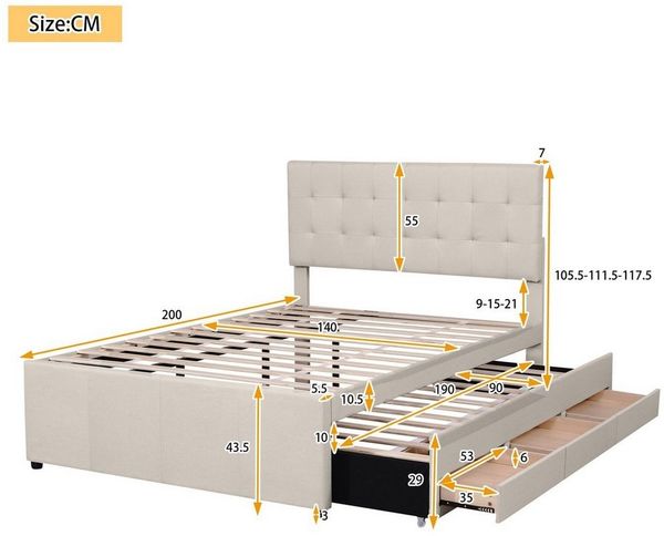 Odikalo Stauraumbett Polsterbett, Doppelbett, 3 Schubladen, Kopfteil, Beige/Grau, 140x200 Bild 3