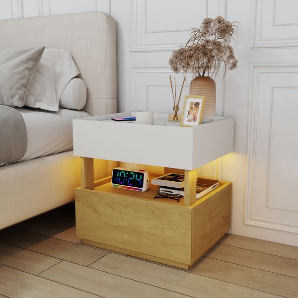Flieks Nachttisch 50 x 40 x 50 cm mit LED-Beleuchtung, Beistelltisch mit 2 Schubladen, Weiß/Naturholz