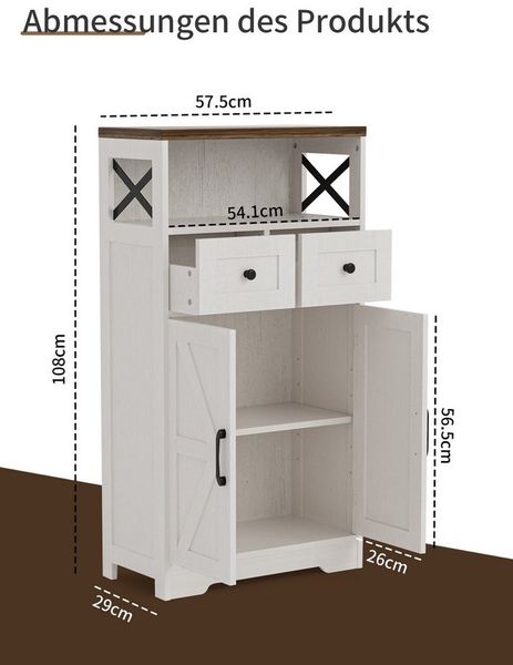 FiveWillowise Sideboard mit 2 Schubladen und Offenem Regal, Aufbewahrungsschrank (1 St), Küchenschrank Anrichte Kaffeebar, 57,5x29x108cm