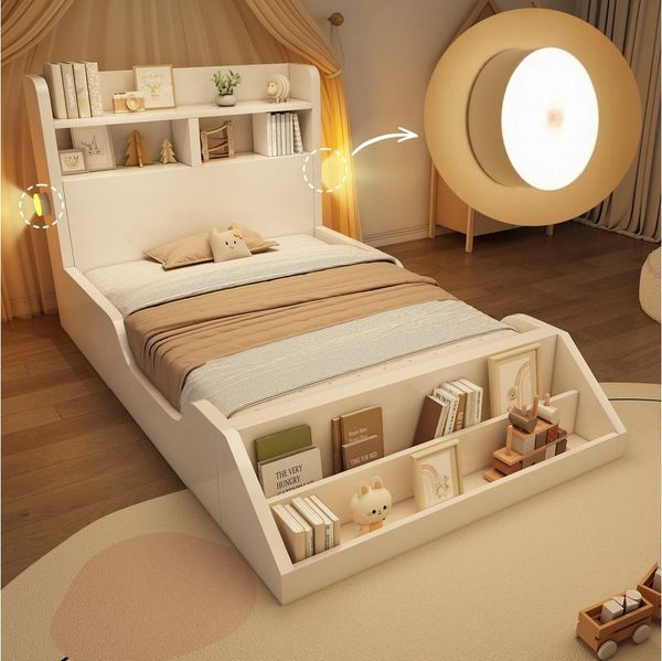 Odikalo Holzbett Kinderbett Jugendbett 90x200 140x200 mit Nachtlichtern Stauraum (mit Ablageflächen, Nachtlichtern, abnehmbarem Bücherregal, Bettgestell mit Lattenrost, reinweiße Oberfläche, ohne Matratze)