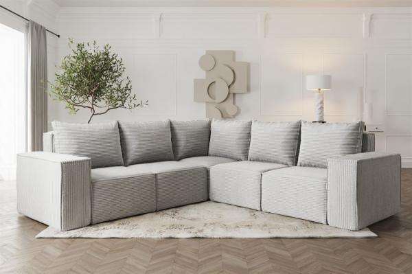 Ecksofa Designersofa ESTELLE in Stoff Poso Hellgrau Seite Universal