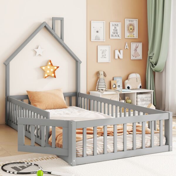 Kinderbett Hausbett 90x200 cm mit Schornsteinform, flaches Bett mit Lattenrost,Sicherheitsgitter für Sturzschutz, kreatives Design, Grau