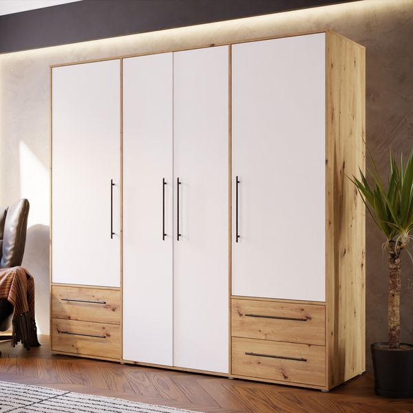 Forte MOKKARIS Kleiderschrank 200 210, moderner Drehtürenschrank, 4-türig, 4 Schubladen, Holzwerkstoff, Weiß mit Artisan Eiche Holzdekor, 205,9 cm breit x 200,1 cm hoch x 58,8 cm tief
