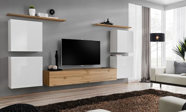 Hängende Wohnwand Switch IV in Weiß und Wotan 320 x 160 cm 7-teilig