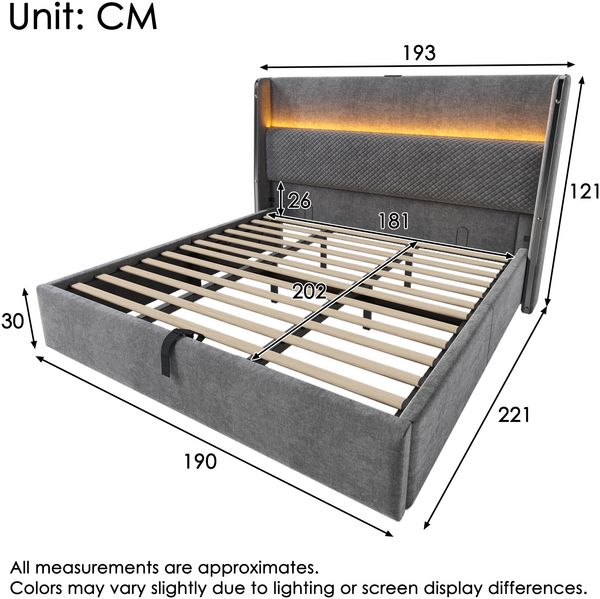 Merax Polsterbett, 180x200cm Doppelbett , Modernes Hydraulisches Bett mit Hohem Kopfteil, mit LED-Beleuchtung, Stauraum & USB/Type-C-Anschlüssen, in Leinen Optik Grau Bild 4