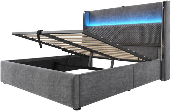 Merax Polsterbett, 180x200cm Doppelbett , Modernes Hydraulisches Bett mit Hohem Kopfteil, mit LED-Beleuchtung, Stauraum & USB/Type-C-Anschlüssen, in Leinen Optik Grau Bild 9