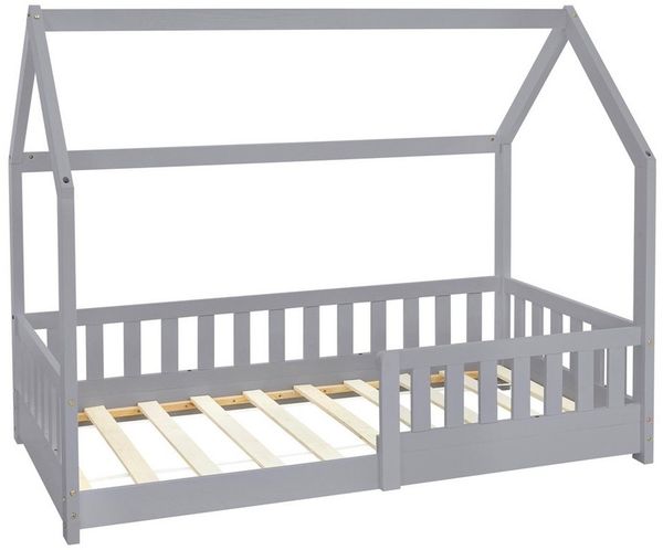 ML-DESIGN Kinderbett Hausbett Spielbett inkl. Lattenrost kreativ Bodenbett für Kinder, Abenteuerbett mit Rausfallschutz Spielbett Kiefer Hellgrau Himmelbett