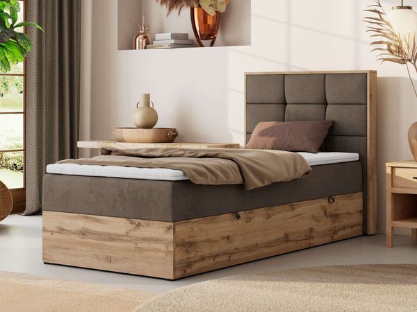 Boxspringbett ALBERO 1 90x200 mit Stauraum, 7-Zonen Multipocket Matratze H4, Bettkasten mit Federautomat, Öffnungsseite wählbar, Hotelbett - Braun Velvet - Topper Visco - Rechts