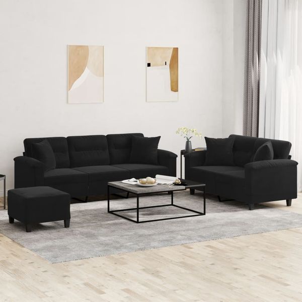 vidaXL 3-tlg. Sofagarnitur mit Kissen Schwarz Mikrofasergewebe 3202359