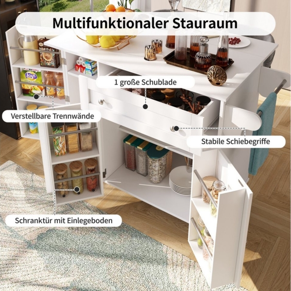 OKWISH Küchenwagen Küchenschränke,Buffetschrank, (Flexibler Küchenwagen mit klappbarer Tischplatte – Ideal für kleine Küchen & Esszimmer, multifunktionaler Stauraum, 3 Snack-Regale, 4 Räder (2 feststellbar), 105.5*40*83CM) Bild 3