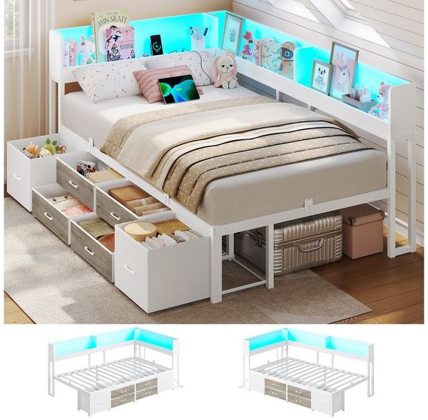 MSMASK Daybett Schlafsofa mit LED-Beleuchtung & Ladestation, Jugendbett Kinderbett, mit Integriertem Bücherregal & 6 Schubladen, 90x200cm