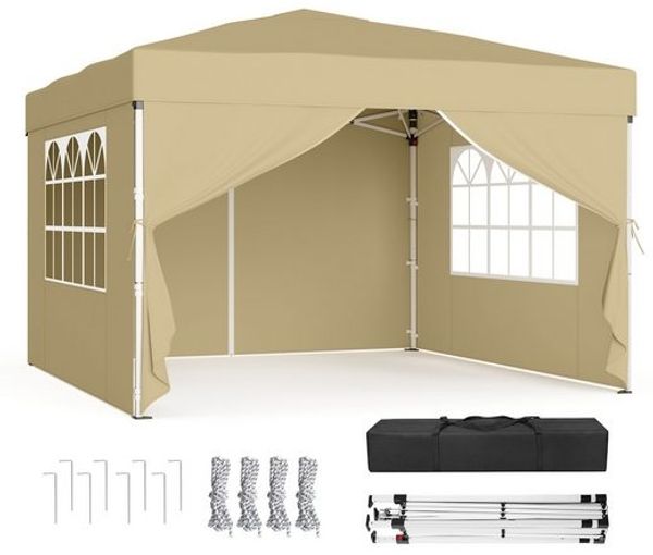 SONGMICS Faltzelt 3 x 3 m, mit Seitenwänden, stabil, tragbar, Pavillon für Garten, Hof, Markt, Sonnenschutz, beige