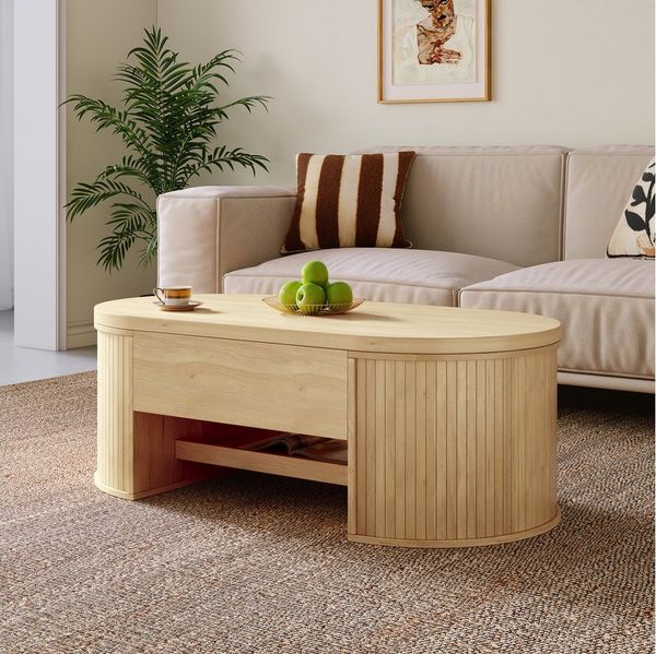 Merax Couchtisch höhenverstellbar Sofatisch Beistelltisch mit gebogenen Holzseiten (1-St, 110x55,5x40 cm), Wohnzimmertisch mit ausziehbaren Regalen und verstecktem Stauraum