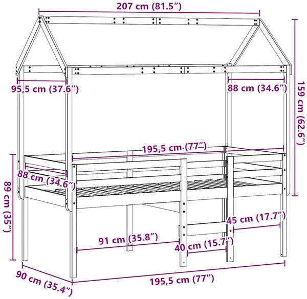 vidaXL Hochbett mit Dach 90x190 cm Massivholz Kiefer 3282138 Bild 12