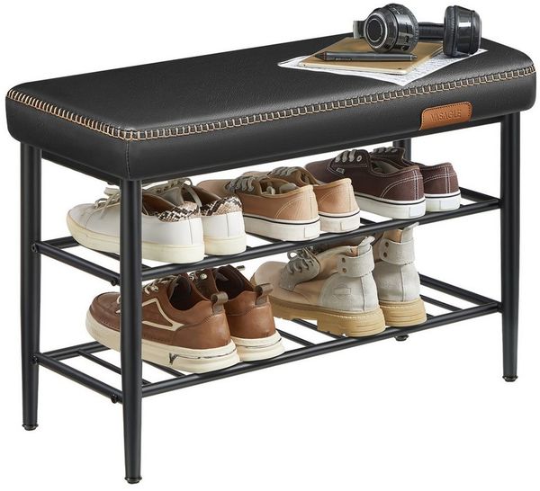 Vasagle EKHO Kollektion - Schuhregal, Sitzbank, Sitztruhe, Kunstleder, Mid-Century-Stil, 30 x 80 x 50 cm, tintenschwarz