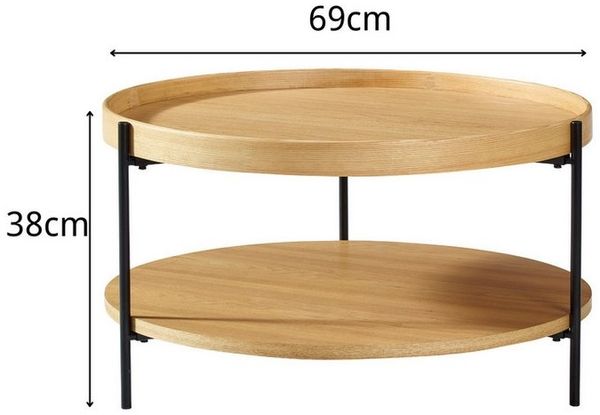 Modern 2-Tier Round Coffee Table, Nordic Style MDF with Real Wood Veneer Tray Center Table, Sturdy Metal Frame Coffee Table for Living Room (Natural)