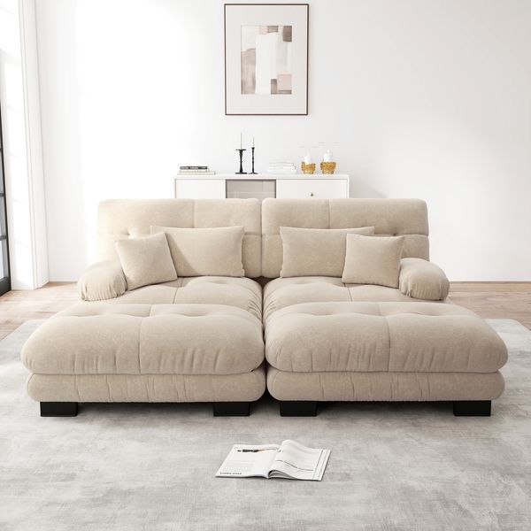Modulares Sofa aus Chenille 220x145x81 cm mit runden Armlehnen und 2 Ottomanen, beige